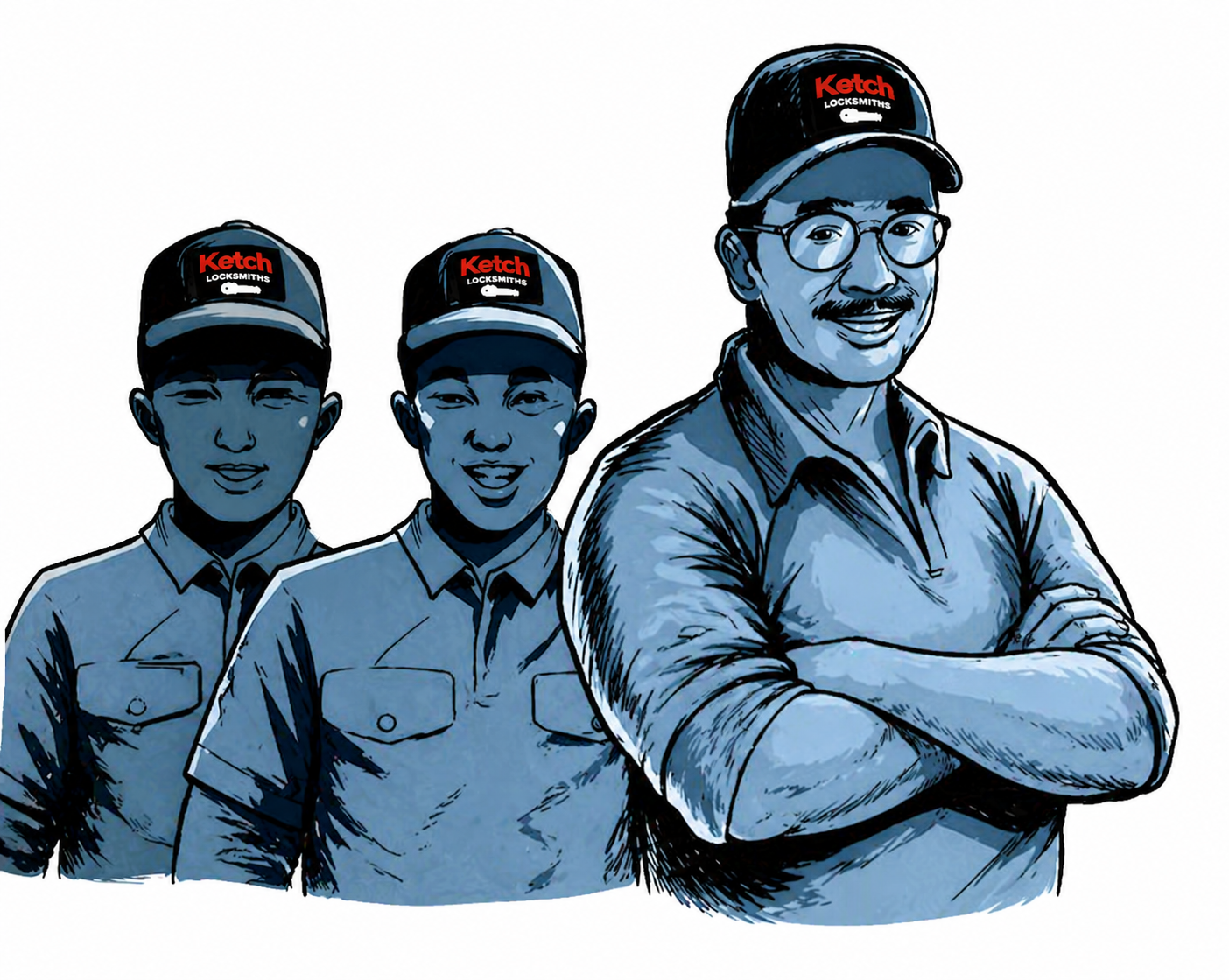 Illustrated team portrait of the Ketch Locksmiths.